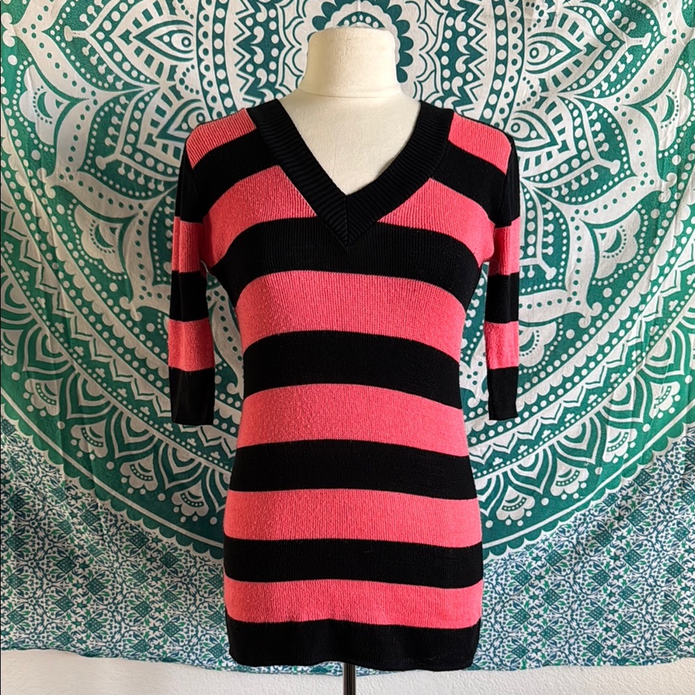 Black and Pink Striped V-Neck Sweater